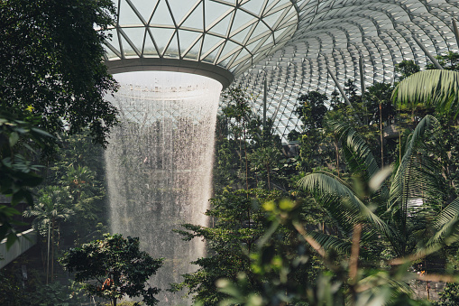 The morning sunlight refracting off the water body of the rain vortex nested in the Shisheido Forest Valley in Jewel, Changi Airport Terminal 1, Singapore.\n\nPhotographed on 11th June 2022.