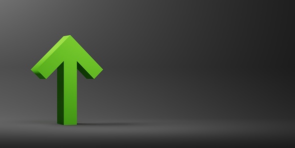 3D render of business concept with green arrow showing upward trend on black background