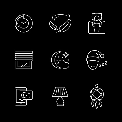 Set line icons of sleep isolated on black. Pillow, sleeping time, window and jalousie, sky with moon, lamp, dream catcher.  Vector illustration