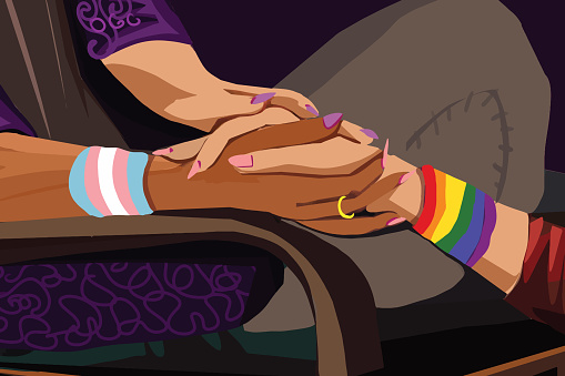 Illustration of two LGBT women holding hands