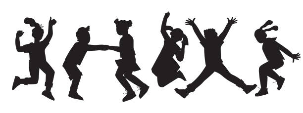 ilustrações de stock, clip art, desenhos animados e ícones de black silhouette of children jumping for joy. active kids jumping or trampolining. - silhuetas de crianças