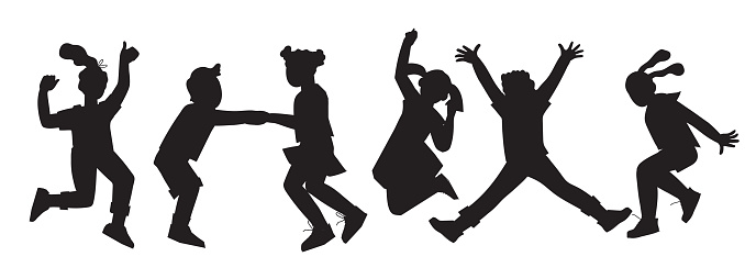Black silhouette of children jumping for joy. Active kids jumping or trampolining, outline elements collection, flat vector isolated on white background. Summer entertainments and attraction.