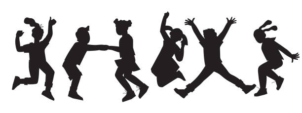 Black silhouette of children jumping for joy. Active kids jumping or trampolining. Black silhouette of children jumping for joy. Active kids jumping or trampolining, outline elements collection, flat vector isolated on white background. Summer entertainments and attraction. child silhouettes stock illustrations