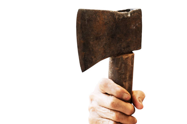 istock Elderly hand holding a hammer isolated on white background 1402312913