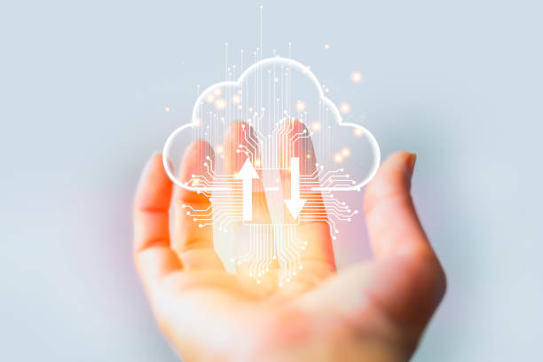 Cloud computing diagram show on hand. Cloud technology. Data storage. Networking and internet service concept Thailand, Cloud Computing, Technology, Diving Platform, Service, Futuristic floating dock stock pictures, royalty-free photos & images