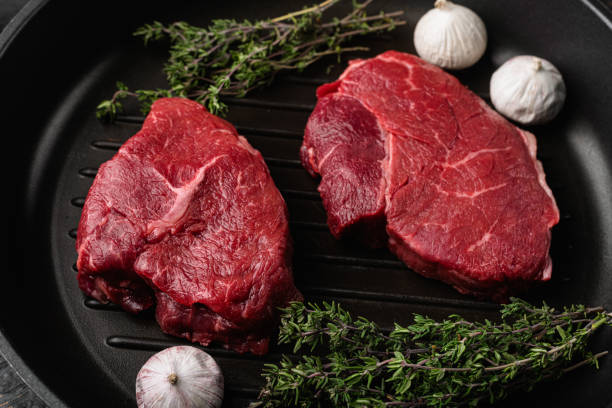 istock Uncooked Raw rump steak beef meat, on black wooden table background 1402313911