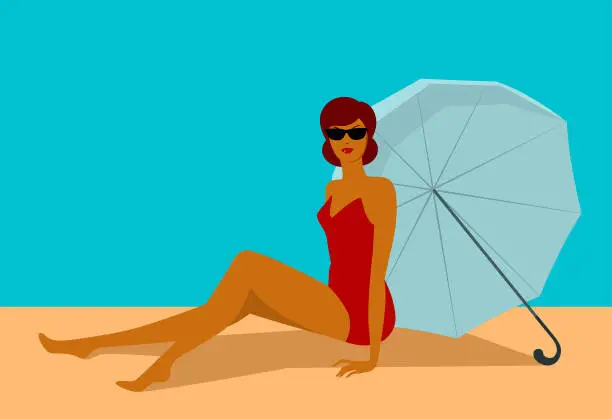 Vector illustration of girl in a bathing suit on the beach