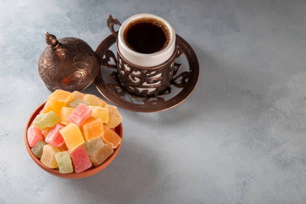 istock Traditional Turkish delight and Turkish coffee, directly above 1402316056