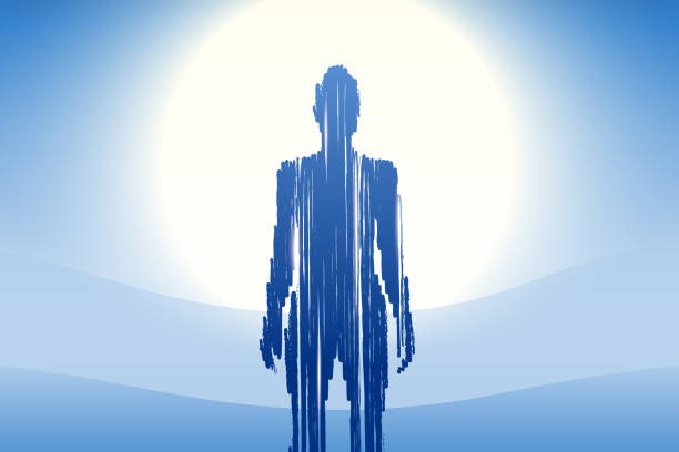 Surrealistic concept vector illustration of a woman standing in front of a sun on a blue background Surrealistic concept illustration of a transparent woman standing in front of a bright sun on a blue landscape background. Abstract spiritual human vector art. celestial body stock illustrations