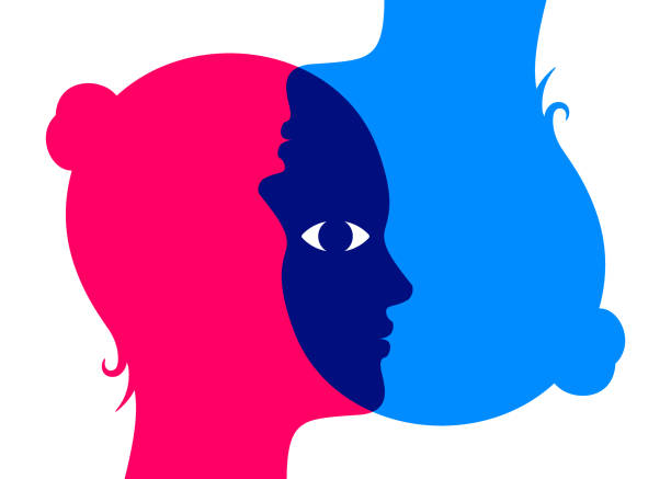 ilustrações de stock, clip art, desenhos animados e ícones de concept illustration of two overlapping woman heads, looking through each other, with one shared eye - ponto de vista