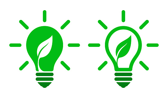 Green energy eco light bulb logo with a growing leaf. Ecological electricity concept vector icon.