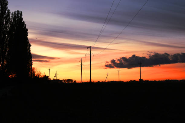 istock Pink sunset, clouds and dark trees on the horizon. 1402319399