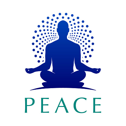 Yoga logo of a human in a lotus pose with a round ornamental halo. Meditating guru man vector logotype.