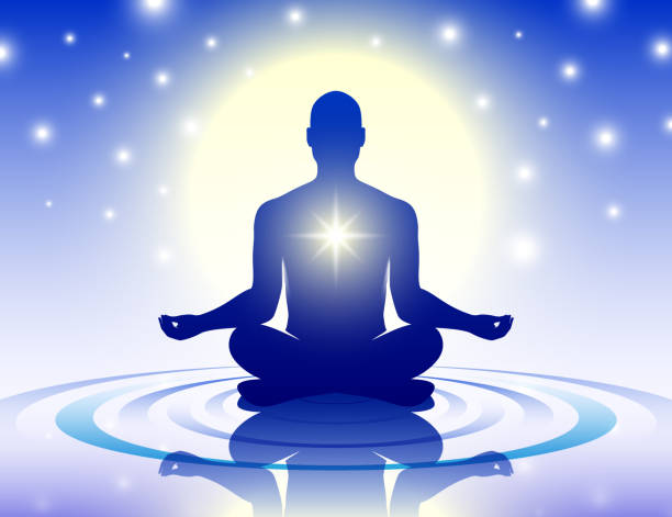istock Yoga man sitting peacefully in a lotus pose on a water on a blue starry night sky vector background 1402319588