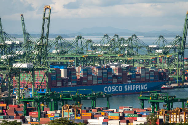 Container Ship Unloading in Singapore's Pasir Panjang port stock photo