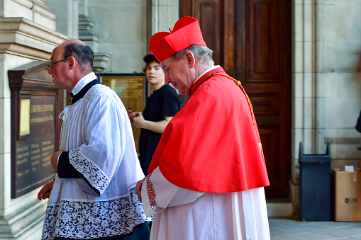 Cardinal Wim Eijk meets priests and worshippers outside The Church of the Immaculate Heart of Mary, or The London Oratory, or The Brompton Oratory,  home to Congregation of the Oratory of St Philip Neri & part of the \nDiocese of Westminster.  May 27 2022, London, UK.