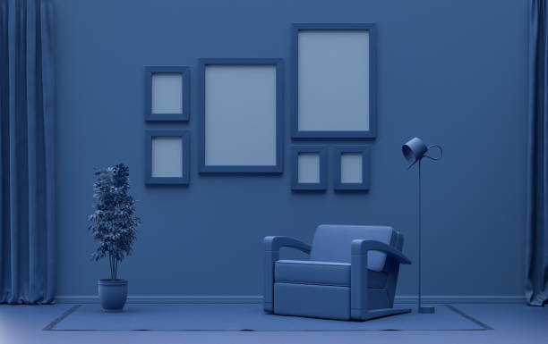 istock Mock-up poster gallery wall with six frames in solid pastel dark blue room 1402322846