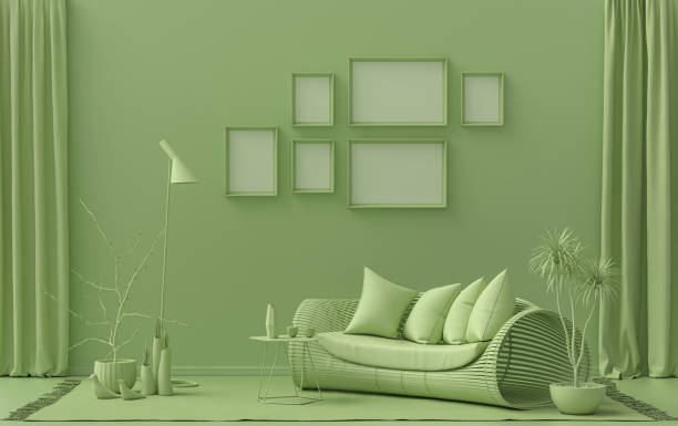 istock Poster frame background room in flat light green color with 6 frames, poster frame mock-up 1402322864