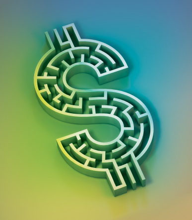 Illustration of a maze shaped like a dollar sign.