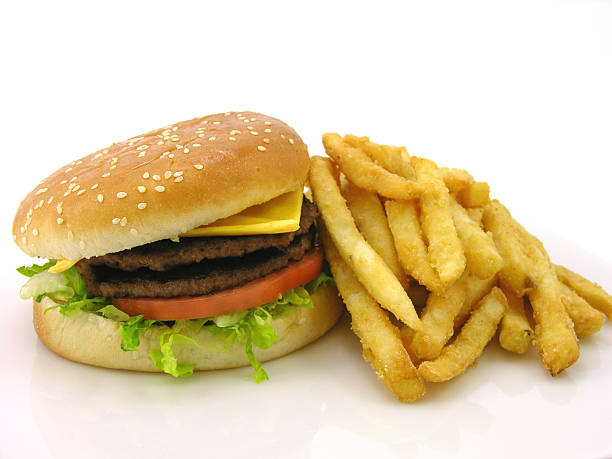 Double cheese burger & fries stock photo