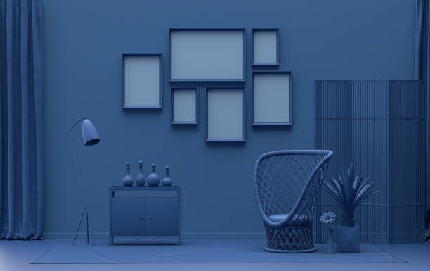 istock Poster frame background room in flat dark blue color with 6 frames, poster frame mock-up 1402324118