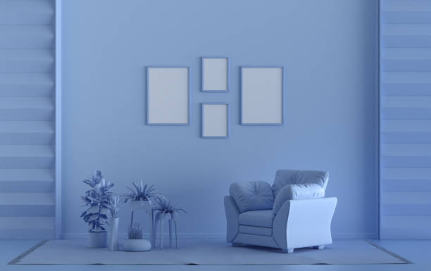 istock Interior room in plain monochrome blue, 4 frames and plants, Gallery wall 1402324327