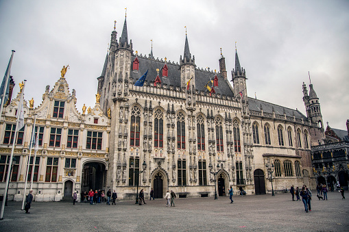 City Hall (Rathaus) Hamburg, Germany, on a cold, foggy winter morning with Ukrainian flag