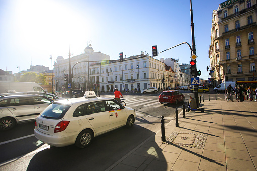 Skoda car driving for Uber on the streets of Warsaw, Poland.