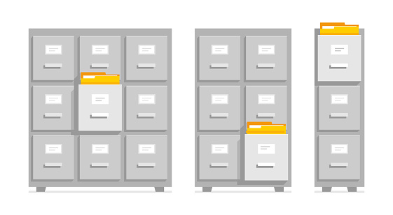 Filing cabinets. Office document file organisation. Flat style