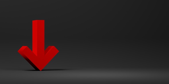 3D render of red down arrow on black background