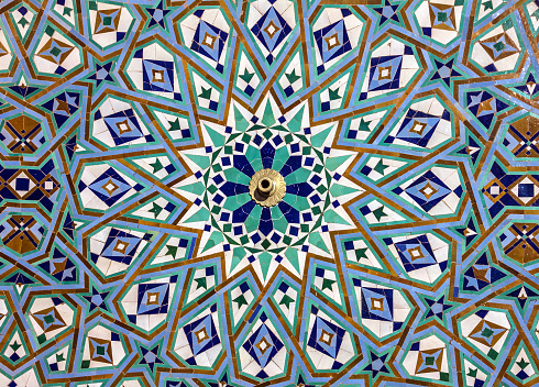 Moroccan mosaic tile, ceramic decoration of Hassan II Mosque, Casablanca, Morocco