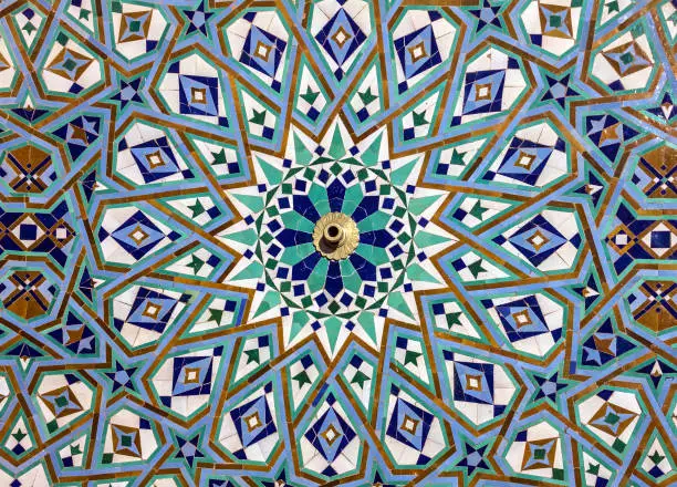 Photo of Moroccan mosaic tile, ceramic decoration of Hassan II Mosque, Casablanca, Morocco