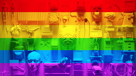 Rainbow Pride Medical Wall Vibrant LGBTQ Equipment Collage Fun Background 3d illustration render