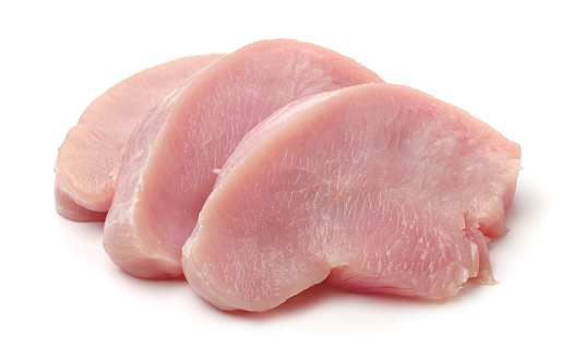 Slices of raw turkey meat fillet isolated on white