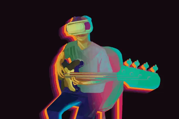 Vector illustration of Boy watching the virtual reality with playing guitar