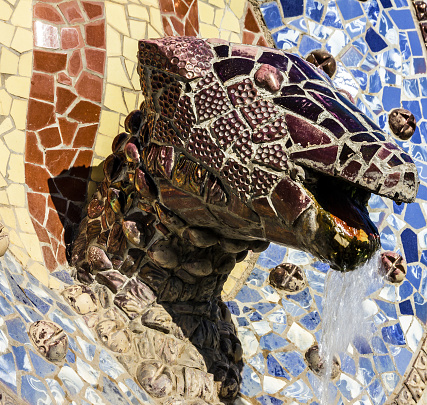 Barcelona, Spain, dragon head, Park Guell mosaic fontain