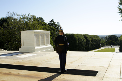 Tomb of the Unknown Soldier in Arlington National Cemetery, the primary U.S. military cemetery, outside Washington DC. Shot into the rising sun. - See lightbox for more
