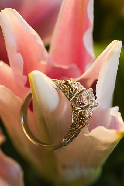 Diamon Egagement Ring on an Asian Lily A beautiful platinum and diamond engagment ring hanging off an asian lily flower. stargazer fish stock pictures, royalty-free photos & images