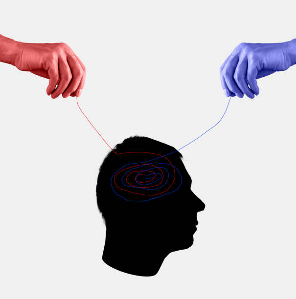 istock Manipulation from two sides, propaganda. Confusion, doubts, contradictions, analysis in person mind. Red and blue hands holding strings over human head and trying to influence opinion, attitude 1402338768