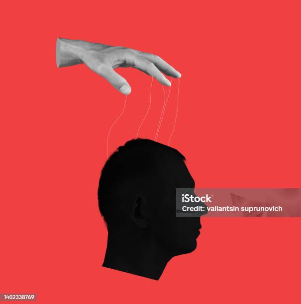 Control Over Human Mind Hand With Strings And Head On Red Background Manipulation Of Person Consciousness Thoughts Opinion Stock Photo - Download Image Now