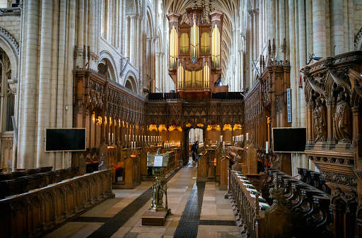 The beautiful organ and medieval choir in Norwich Cathedral in Norwich, Norfolk, Eastern England.