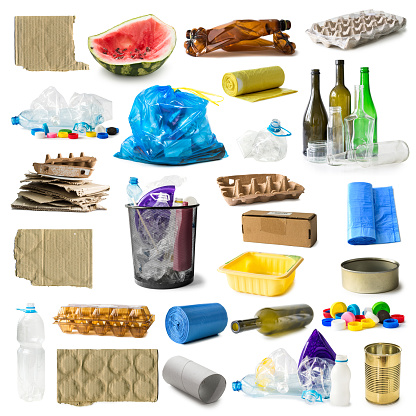 set of different types of trash isolated on white background