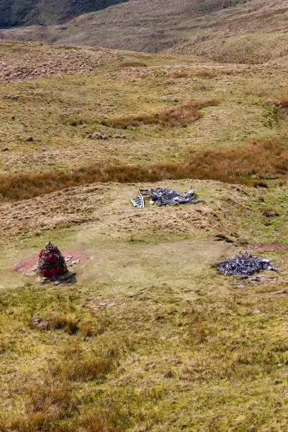 Wreckage of a Royal Canadian Air Force Wellington bomber (R1465) on a remote Welsh hillside.