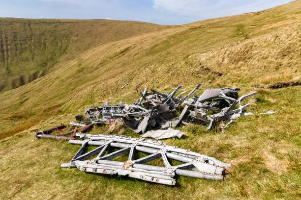 Wreckage of a Royal Canadian Air Force Wellington bomber (R1465) on a remote Welsh hillside.