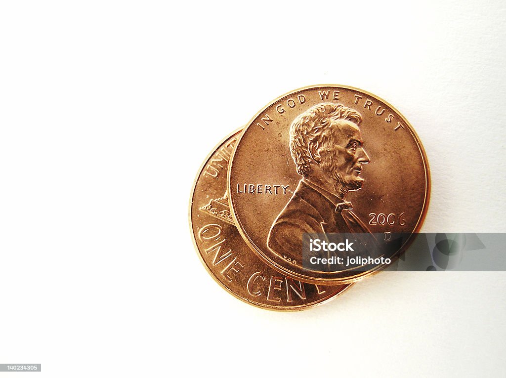 Two Pennies two american pennies on white background Cent Sign Stock Photo