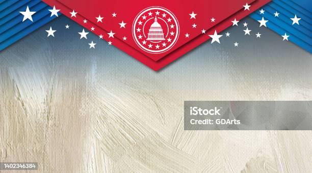 Stylized Capitol Seal On Hanging Banners And Stars Graphic Background Stock Photo - Download Image Now