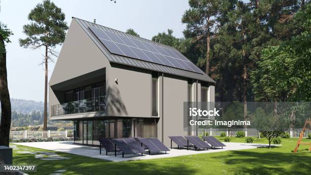 Modern House With Solar Panels Stock Photo - Download Image Now - Solar Energy, Solar Panel, Solar Power Station