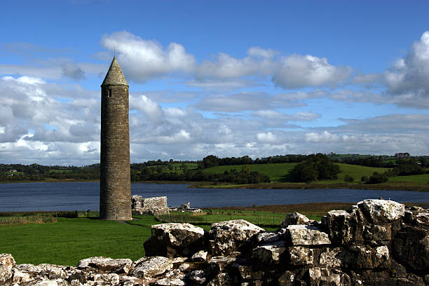 Devenish Island III Island in the lower lough erne, northern ireland launch tower stock pictures, royalty-free photos & images