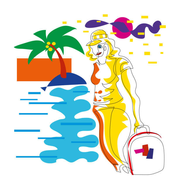 istock One line drawing of happy woman tourists with suitcase. 1402351084