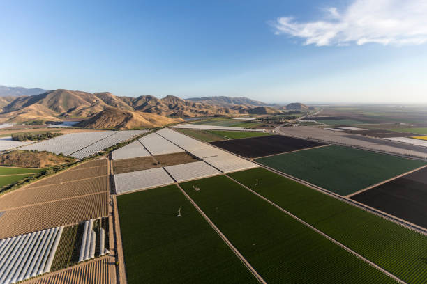 Aerial view of coastal farm fields and the Santa Monica Mountains near Camarillo in Ventura County, California.